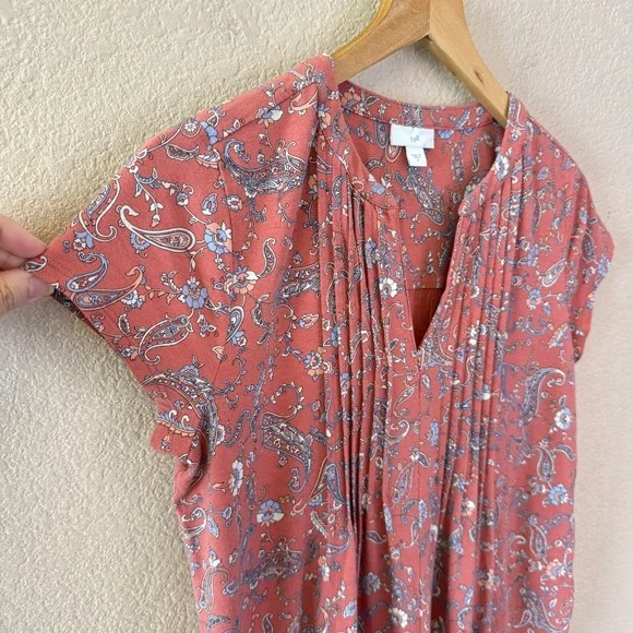 J Jill Paisley Print Dress Short Sleeve Pink Casual Stretch Pockets Size S - Picture 4 of 12